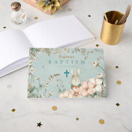  Schattige Konijntje Bloemen Groen Baby Doop Gastenboek