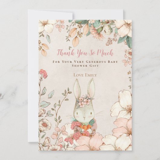  Schattige Konijntje Botanisch Roze Meisje Baby sh Bedankkaart (Voorkant)