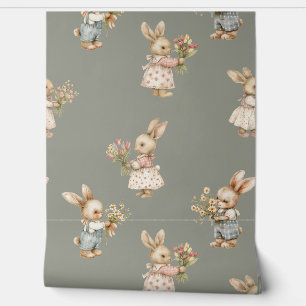 Schattige konijntje en bloemen behang