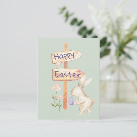 Schattige Konijntje en Ei Gelukkig Pasen op Pastel Briefkaart (Staand voorkant)