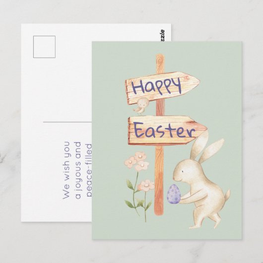 Schattige Konijntje en Ei Gelukkig Pasen op Pastel Briefkaart (Voorkant / Achterkant)