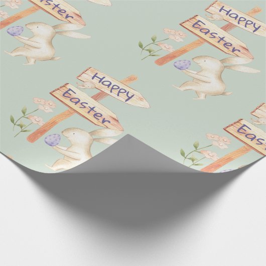 Schattige Konijntje en Ei Gelukkig Pasen op Pastel Cadeaupapier (Hoek)