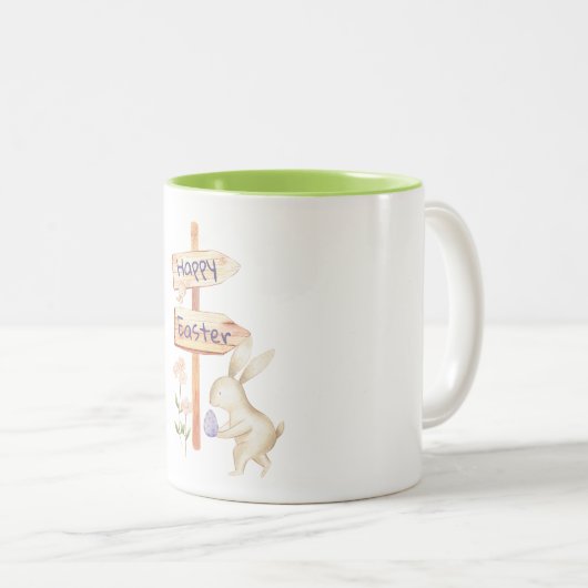 Schattige konijntje en ei gelukkig Pasen Tweekleurige Koffiemok (Voorkant rechts)