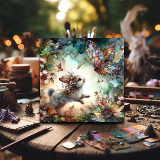 Schattige konijntje en vlinder Glas in lood Pasen Feestdagenkaart