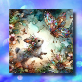 Schattige konijntje en vlinder Glas in lood Pasen Feestdagenkaart