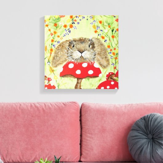 Schattige konijntje gluren over paddenstoel Canvas (Insitu (Woonkamer))