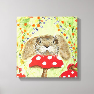 Schattige konijntje gluren over paddenstoel Canvas Afdruk