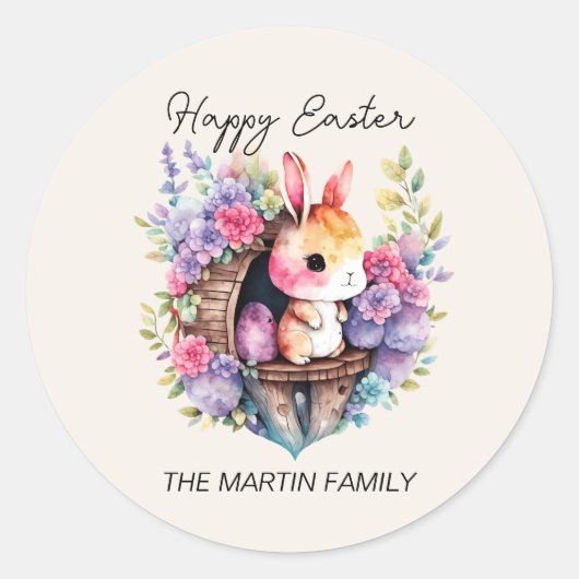 Schattige konijntje Happy Easter familienaam Ronde Sticker (Voorkant)