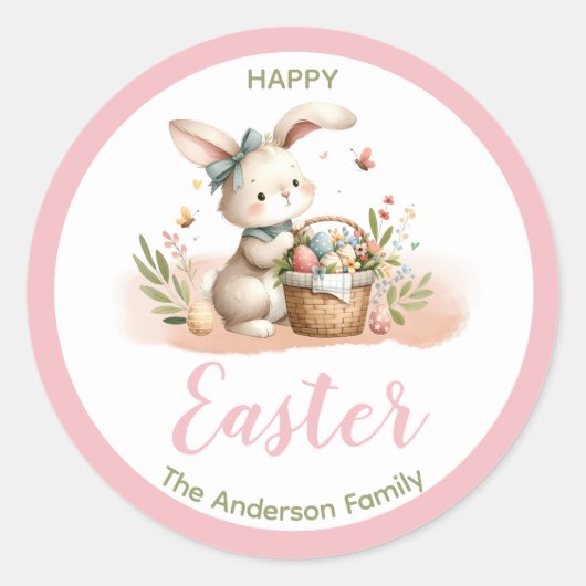 Schattige konijntje|Katoen Snoep roze|Happy Easter Ronde Sticker (Voorkant)
