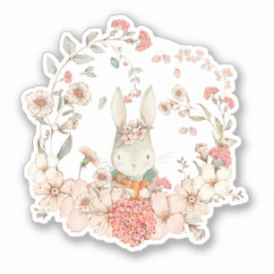 Schattige  konijntje meisje botanische bloemen roz sticker