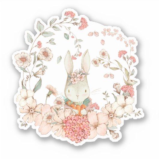 Schattige  konijntje meisje botanische bloemen roz sticker (Voorkant)