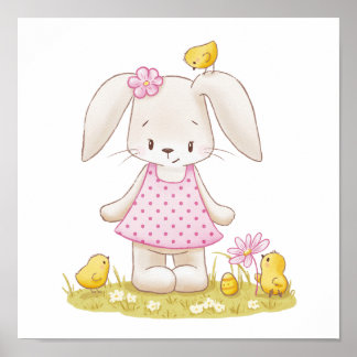 Schattige konijntje meisje in roze jurk en kawaii  poster