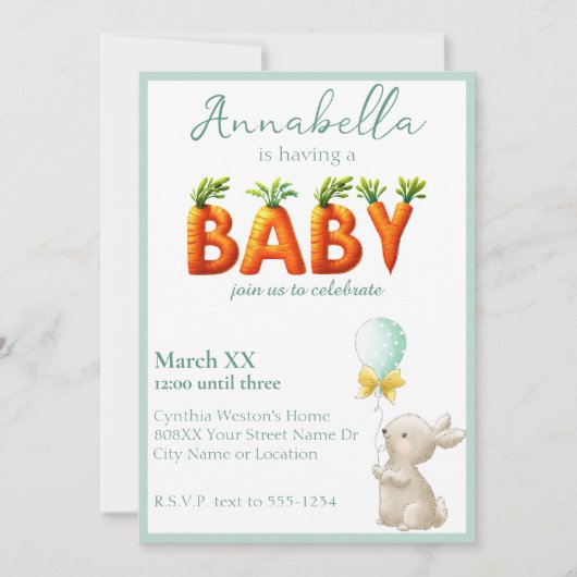 Schattige konijntje met ballon en wortels Baby sho Kaart (Voorkant)