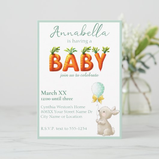 Schattige konijntje met ballon en wortels Baby sho Kaart (Staand voorkant)