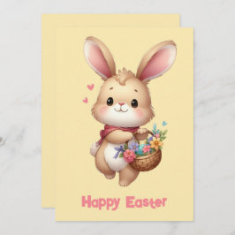 Schattige konijntje met mand en sjaal geel feestdagenkaart