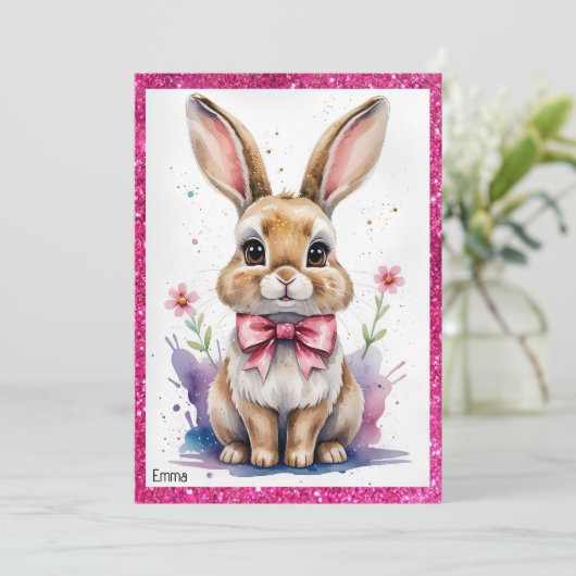 Schattige konijntje met roze strikje kaart (Staand voorkant)