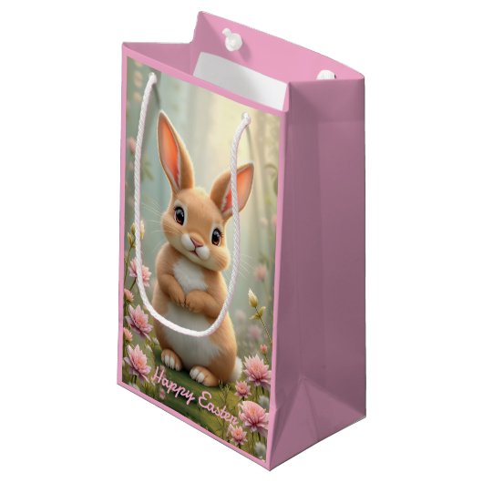 Schattige konijntje omringd door bloemen, kinder klein cadeauzakje (Voorkant Gekanteld)