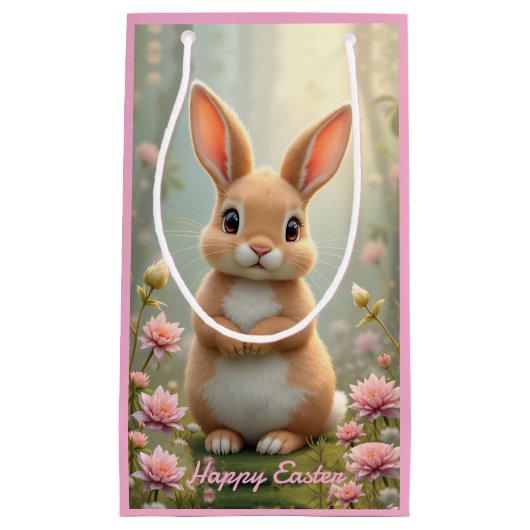 Schattige konijntje omringd door bloemen, kinder klein cadeauzakje (Voorkant)