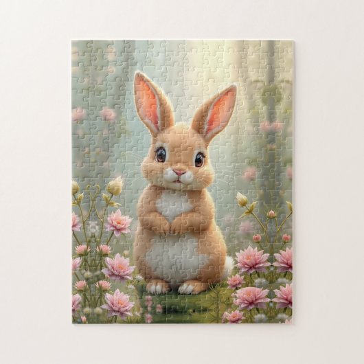 Schattige konijntje omringd door bloemen, kinder legpuzzel (Verticaal)