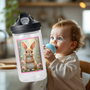 Schattige konijntje omringd door bloemen, kinder waterfles