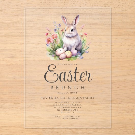 Schattige konijntje paasbrunch en eierjacht acryl uitnodigingen (Voorkant)