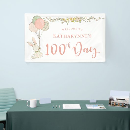 Schattige Konijntje Rustieke Bloemen 100e Dag Spandoek (Beurs)