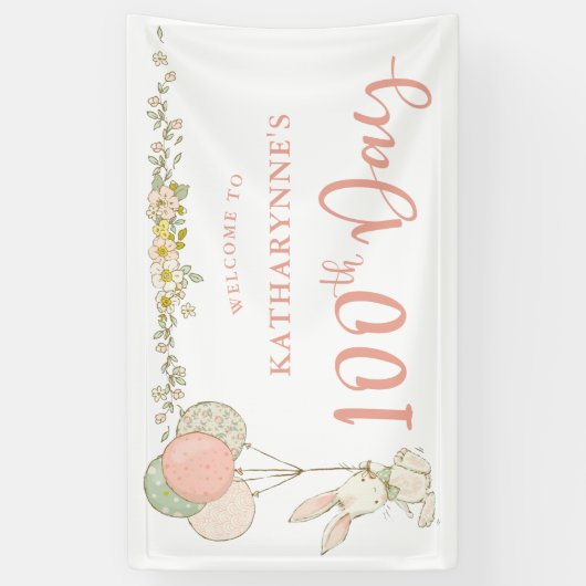 Schattige  Konijntje Rustieke Bloemen 100e Dag Spandoek (Verticaal)