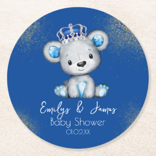 Schattige Koningsblauwe Beer Jongen Baby Shower  Ronde Kartonnen Onderzetter