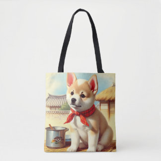 Schattige Koreaans Jindo Dog Painting Tote Bag