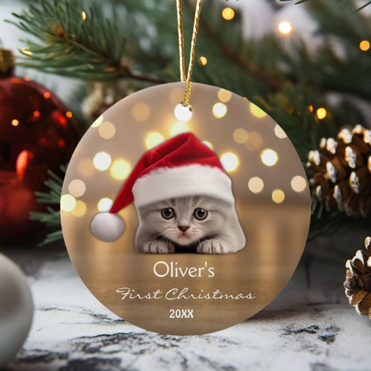 Schattige Korthaar Cat Santa Hat Paw Gepersonalise Keramisch Ornament