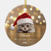 Schattige Korthaar Cat Santa Hat Paw Gepersonalise Keramisch Ornament (Voorkant)