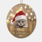 Schattige Korthaar Cat Santa Hat Paw Gepersonalise Keramisch Ornament (Links)