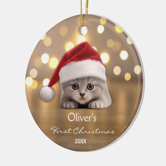 Schattige Korthaar Cat Santa Hat Paw Gepersonalise Keramisch Ornament (Links)