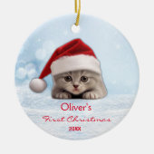 Schattige Korthaar Kat Santa Hat Paw Gepersonalise Keramisch Ornament (Voorkant)