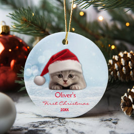 Schattige Korthaar Kat Santa Hat Paw Gepersonalise Keramisch Ornament