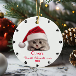 Schattige Korthaar Kat Santa Hat Paw Gepersonalise Keramisch Ornament