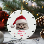 Schattige Korthaar Kat Santa Hat Paw Gepersonalise Keramisch Ornament