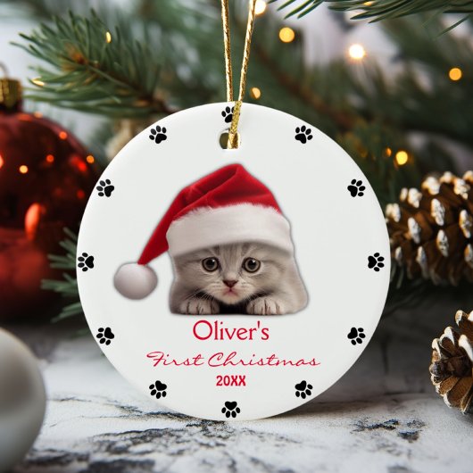 Schattige Korthaar Kat Santa Hat Paw Gepersonalise Keramisch Ornament