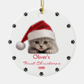 Schattige Korthaar Kat Santa Hat Paw Gepersonalise Keramisch Ornament (Voorkant)