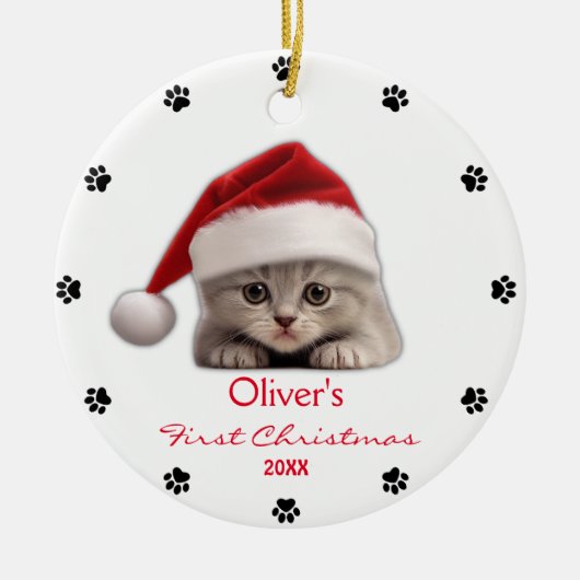 Schattige Korthaar Kat Santa Hat Paw Gepersonalise Keramisch Ornament (Voorkant)