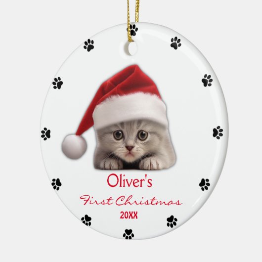 Schattige Korthaar Kat Santa Hat Paw Gepersonalise Keramisch Ornament (Links)