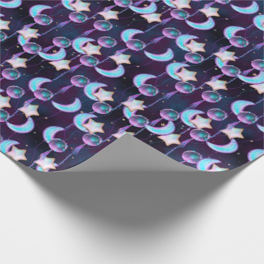 Schattige kosmisch maan- en sterrenballonpatroon cadeaupapier (Hoek)