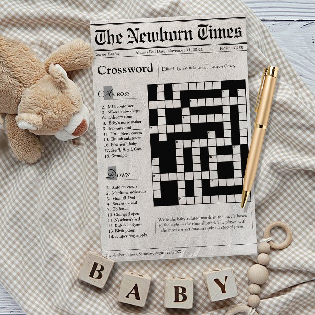 Schattige Krant Baby shower Crossword Puzzel Spel (The Newborn Times cute newspaper theme baby shower baby words crossword puzzle game card, black)
