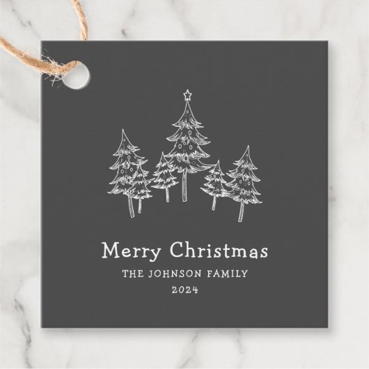 Schattige krijt kerstbomen zwart wit bedankjes labels (Voorkant)