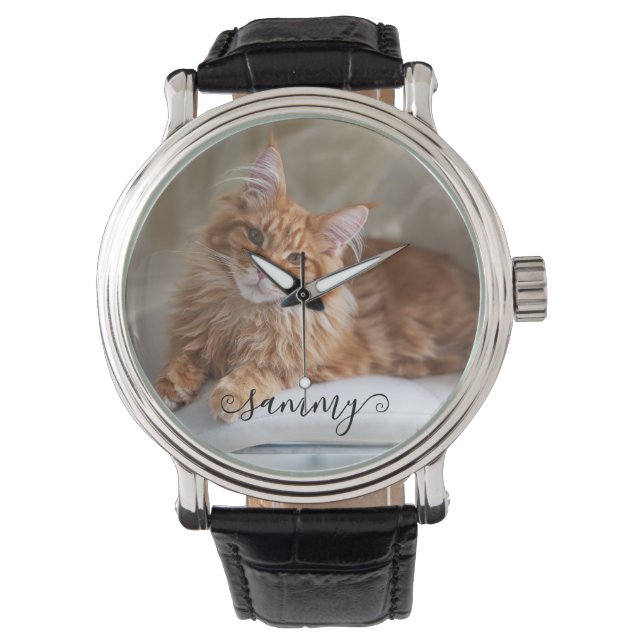 Schattige Krolhaar Naam Kat Foto Horloge (Voorkant)