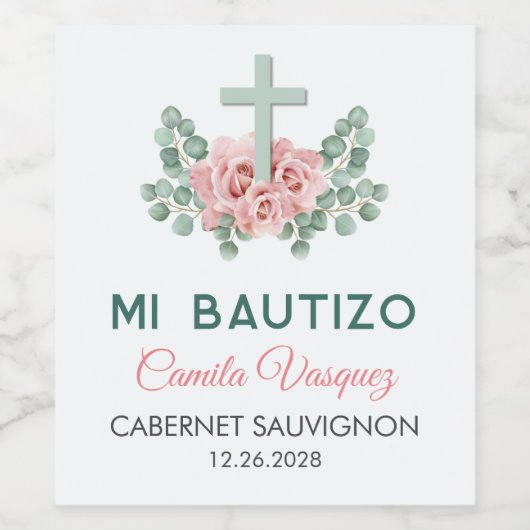 Schattige Kruis en bladeren in het Spaans Bautizo  Wijn Etiket (Enkel label)