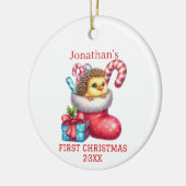 Schattige kuiken met egel bont kerst keramisch ornament (Links)