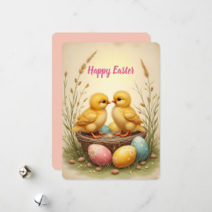 Schattige kuikens en kleurrijke paaseieren, nostal feestdagenkaart