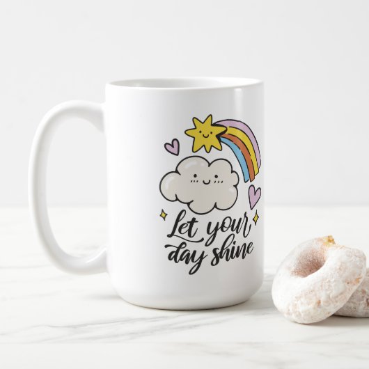 Schattige Laat je dag stralen Cartoon Cloud en Rai Koffiemok (Met donut)