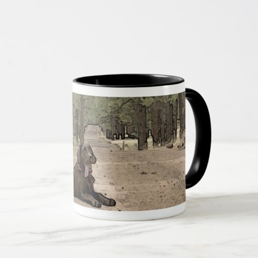 Schattige labrador retriever puppy op bospad mok (Voorkant rechts)